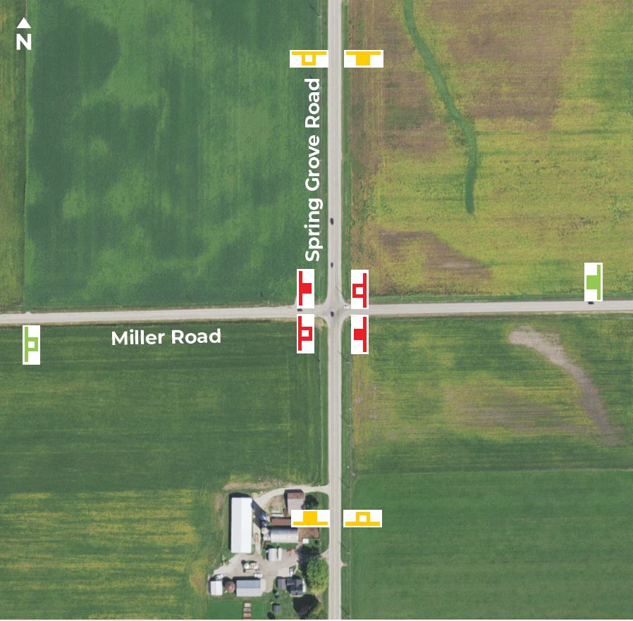 The intersection has stop signs on Miller Road at the intersection with Spring Grove Road.  Miller Road has Stop Sign Ahead signage to warn drivers in both directions.  Spring Grove Road has signs to show that O'Brien road is ahead